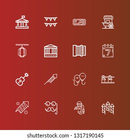 Editable 16 festival icons for web and mobile. Set of festival included icons line Fireworks, Singing, Costume, Ticket, Balloons, Guitar, Events, Accordion, Carousel, Lantern on red