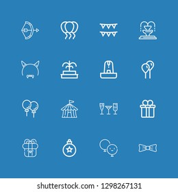 Editable 16 festive icons for web and mobile. Set of festive included icons line Bow, Balloon, Bauble, Present, Gift box, Stemware, Circus tent, Balloons, Fountain on blue background