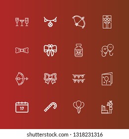 Editable 16 festive icons for web and mobile. Set of festive included icons line Fountain, Balloon, Candy cane, Saint Patrick, Birthday card, Garlands, Bow, Balloons, Posion on red