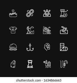 Editable 16 figure icons for web and mobile. Set of figure included icons line Hook, Smoker, Rook, Pregnant, Sling, Human, Swimming, Luge, Hiking, Best friend on black background