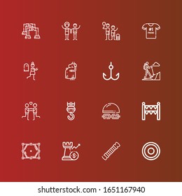 Editable 16 figure icons for web and mobile. Set of figure included icons line Frisbee, Rope, Rook, Polygon, Gate, Swimming, Hook, Couple, Hiking, Pregnant, Terror, Best friend on red