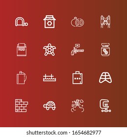 Bearbeitbar 16 gefüllte Symbole für Web und Mobile. Set gefüllte Ikonen-Reihe mit der Linie Clamp, Rauchbombe, Turtle, Ziegelwand, Rippen, Hip-Flasche, Pier, Erdnussbutter, Pistol, Papierredder auf Rot