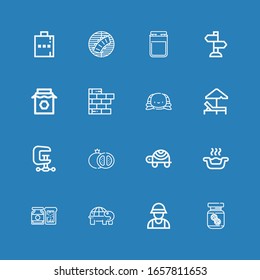 Editable 16 filled icons for web and mobile. Set of filled included icons line Peanut butter, Zookeeper, Turtle, Jam, Litter box, Grenade, Clamp, Sunbed, Brick wall on blue background