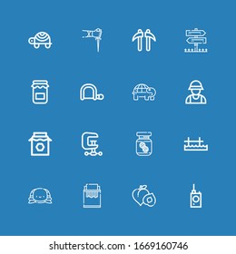 Editable 16 filled icons for web and mobile. Set of filled included icons line Bug detector, Peach, Paper shredder, Turtle, Pier, Peanut butter, Clamp, Jam on blue background