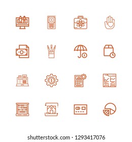 Editable 16 finance icons for web and mobile. Set of finance included icons line Pie chart, Mastercard, Exchange, Abacus, Analytics, Calculator, Dollar, Cash register on white background