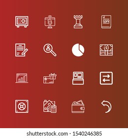 Editable 16 finance icons for web and mobile. Set of finance included icons line Return, Wallet, Calculate, Safebox, Transfer, Cash machine, Gift card, Marketing, Money on red
