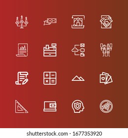 Editable 16 íconos financieros para web y móvil. Conjunto de finanzas incluye iconos línea Firma, Seguro, Pago en línea, Plazo fijado, Tarjetas, Pirámide, Cálculo, Contrato, Comercio en rojo