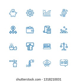 Editable 16 financial icons for web and mobile. Set of financial included icons line Review, Money, Loan, Rating, Balance, Profit, Atm, Gold, Bill, Wallet on white background