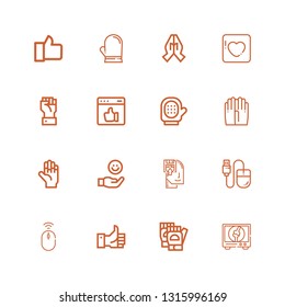 Editable 16 finger icons for web and mobile. Set of finger included icons line Orthopedic, Gloves, Like, Mouse, Memorize, Hand, Glove, Badoo on white background