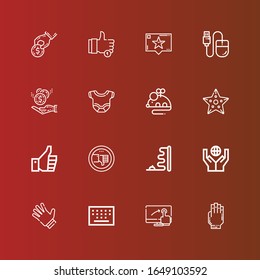 Editable 16 finger icons for web and mobile. Set of finger included icons line Hand, Touch screen, Keypad, Gloves, Donation, Mouse, Thumb down, Thumbs up, Starfish, Body on red