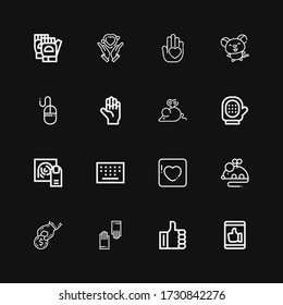 Editable 16 finger icons for web and mobile. Set of finger included icons line Like, Gloves, Donate, Mouse, Badoo, Keypad, Fingerprint, Glove, Hand, Hands on black background