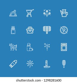 Editable 16 fire icons for web and mobile. Set of fire included icons line BBQ grill, Candle, Fireworks, Bullet, Match, Thermo, Grill, Electricity, Picnic, Matches on blue background