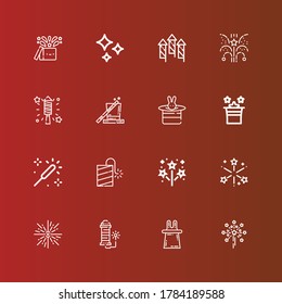 Editable 16 firework icons for web and mobile. Set of firework included icons line Fireworks, Magic, Firework, Petard, Sparkle, Shines on red