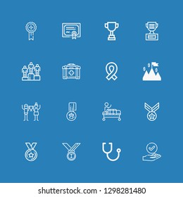 Editable 16 first icons for web and mobile. Set of first included icons line Success, Stethoscope, Medals, Medal, Gurney, Triumph, Ribbon, First aid, Winning on blue background