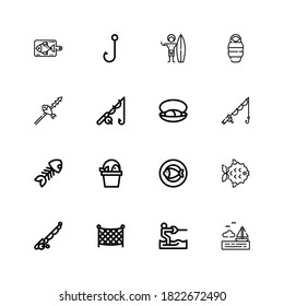 Editable 16 fishing icons for web and mobile. Set of fishing included icons line Sea, Water ski, Fishing net, rod, Fish, Fish bone, Mussel on white background