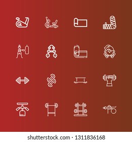 Editable 16 fit icons for web and mobile. Set of fit included icons line Fitness, Dumbbell, Bench press, Gym station, Exercise, Yoga mat, Barbell, Arm, Stationary bike on red