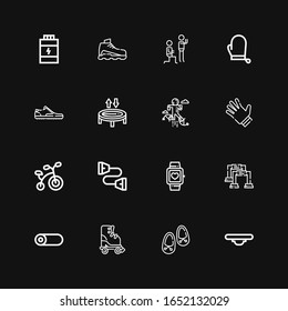 Editable 16 fitness icons for web and mobile. Set of fitness included icons line Balance, Shoes, Roller skate, Roll, Pushup, Smartwatch, Chest expander, Bicycle on black background