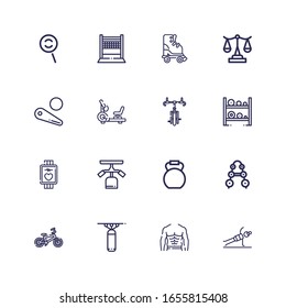 Editable 16 fitness icons for web and mobile. Set of fitness included icons line Fitness, Abs, Punching bag, Bicycle, Barbell, Kettlebell, Gym station, Smartwatch on white background