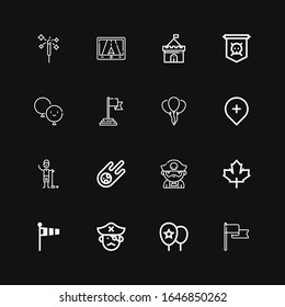 Editable 16 flag icons for web and mobile. Set of flag included icons line Flag, Balloons, Pirate, Windsock, Maple leaf, Meteorite, Golfer, Gps, Balloon, Jolly roger on black background