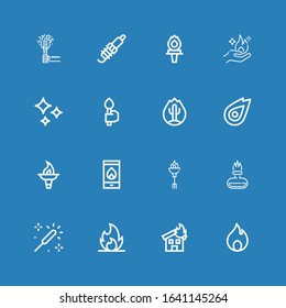 Editable 16 flare icons for web and mobile. Set of flare included icons line Fire, Sparkle, Torch, Shines, Spark on blue background