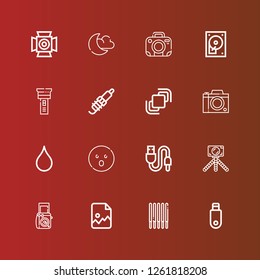 Editable 16 flash icons for web and mobile. Set of flash included icons line Pendrive, Sticks, Image, Photo camera, Usb, Shocked, Blur, Camera, Hidrive, Spark, Flashlight on red