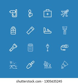 Editable 16 flashlight icons for web and mobile. Set of flashlight included icons line Spotlight, Camping, Scraper, Flashlight, Torch, Sleeping bag, Penknife on blue background