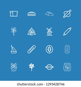 Editable 16 flour icons for web and mobile. Set of flour included icons line Seed bag, Rolling pin, Windmill, Baguettes, Sourdough, Baguette, Yeast, Dumpling on blue background