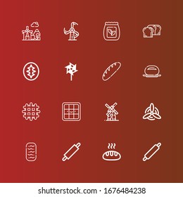 Editable 16 flour icons for web and mobile. Set of flour included icons line Rolling pin, Bread, Baguettes, Windmill, Waffle, Bun, Sourdough, Seed bag on red