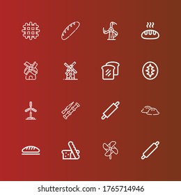 Editable 16 flour icons for web and mobile. Set of flour included icons line Rolling pin, Windmill, Bread, Dumpling, Spike, Sourdough, Waffle on red