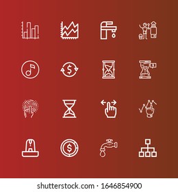 Editable 16 flow icons for web and mobile. Set of flow included icons line Diagram, Faucet, Fountain, Graph, Tap, Hourglass, Currency exchange, Quaver, Heater, Line chart on red