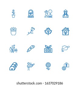 Editable 16 flower icons for web and mobile. Set of flower included icons line Greenhouse, Sunflower, Feeder, Soil, Eco, d printing pen, Environment, Leaf on white background