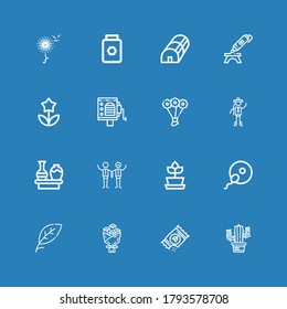 Editable 16 flower icons for web and mobile. Set of flower included icons line Cactus, Seeds, Bouquet, Leaf, Fertilization, Plant, Wedding, Vase, Chinese, Barrel organ on blue background