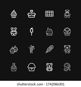 Editable 16 fluffy icons for web and mobile. Set of fluffy included icons line Cotton, Teddy bear, Cupcake, Bear, Feather, Stuffed animal, Marshmallow on black background