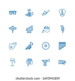 Editable 16 flute icons for web and mobile. Set of flute included icons line Xylophone, Trumpet, Panpipe, Orchestra, Flute, Cymbal, Ocarina, Bagpipes, Fakir on white background