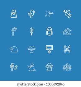 Editable 16 flying icons for web and mobile. Set of flying included icons line Superhero, Ufo, Skydiving, Control tower, Jetpack, Peace, Ovni, Raven, Swan, Pilot on blue background