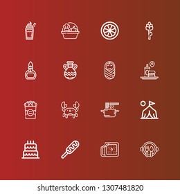 Editable 16 food icons for web and mobile. Set of food included icons line Dish, Ice cream, Hot dog, Birthday cake, Camp, Noodles, Crab, Popcorn, Fast food, Baby, Jug, Burner on red