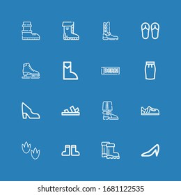 Editable 16 footwear icons for web and mobile. Set of footwear included icons line Heels, Boots, Footprint, Sneakers, Boot, Sandals, Shoe, Skirt, Derbi, Ice skate on blue background