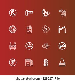 Editable 16 forbidden icons for web and mobile. Set of forbidden included icons line Cone, Traffic light, Cigarette, No fast food, No smoking, Barrier, Bio weapon, No phones on red