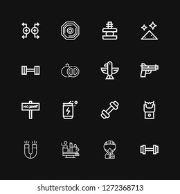 Editable 16 force icons for web and mobile. Set of force included icons line Weight, Military, Attraction, Magnet, Stun gun, Energy drink, War, Gun, Eagle on black background