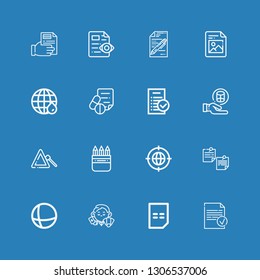 Editable 16 form icons for web and mobile. Set of form included icons line Done, Bill, Dealer, Earth grid, Notepad, Pencil box, Triangle, Cylinder, Tasks, Medical prescription on blue background