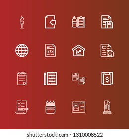 Editable 16 form icons for web and mobile. Set of form included icons line List, Web page, Pencil box, Bill, Notepad, Sheet, File, Amount, Earth grid, Document, Check list on red