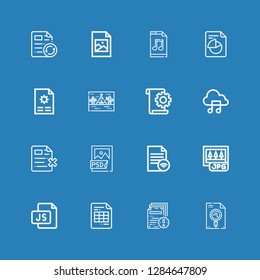 Editable 16 format icons for web and mobile. Set of format included icons line File, Js, Jpg, Psd file, Music file, Tipi, Jpeg on blue background