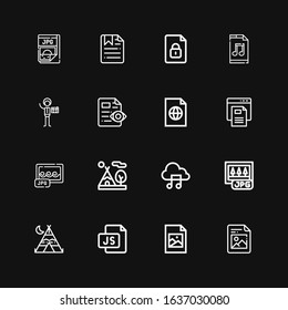 Editable 16 format icons for web and mobile. Set of format included icons line File, Jpeg, Js, Tipi, Jpg, Music file, Text file, Photography on black background