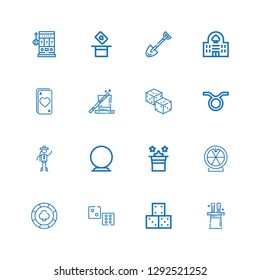 Editable 16 fortune icons for web and mobile. Set of fortune included icons line Magic, Dice, Casino chip, Roulette, Crystal ball, Chinese, Taurus, Dices, Ace on white background
