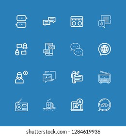 Editable 16 forum icons for web and mobile. Set of forum included icons line Chat, Radio, Speech, Add user, Talk on blue background