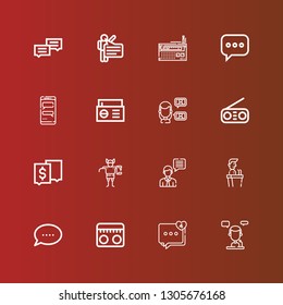 Editable 16 forum icons for web and mobile. Set of forum included icons line Talk, Comment, Radio, Chat, Speech, Troll on red