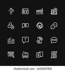 Editable 16 forum icons for web and mobile. Set of forum included icons line Chat, Radio, Blog, Comment, Commentator, Add user, Troll on black background