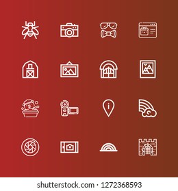 Editable 16 frame icons for web and mobile. Set of frame included icons line Gate, Rainbow, Picture, Shutter, Placeholder, Camera, Dog, Door, Barn, Web page, Sunglasses on red