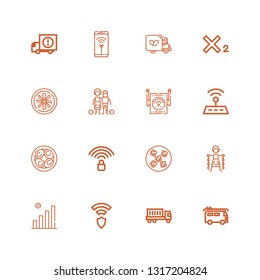 Editable 16 free icons for web and mobile. Set of free included icons line Van, Truck, Wireless, Wifi, Slavery, Vegan food, Wifi signal, Soy eggs, Subscript on white background