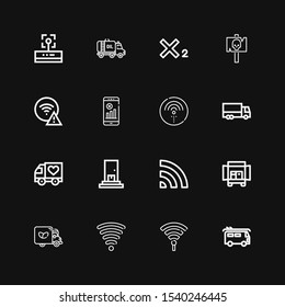 Editable 16 free icons for web and mobile. Set of free included icons line Van, Hotspot, Wifi signal, Truck, Wifi, Delivery, No wifi, Signal, Subscript on black background